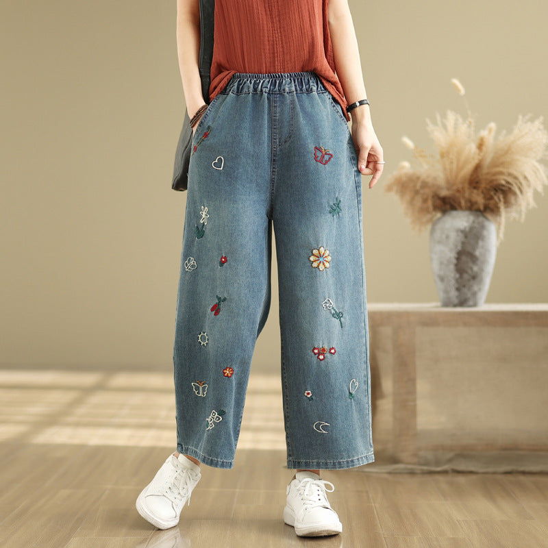 Women's Floral Embroidered Elastic Waist Jeans
