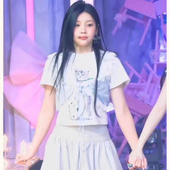 Wonhee White Kitten Print Crop T-Shirt
