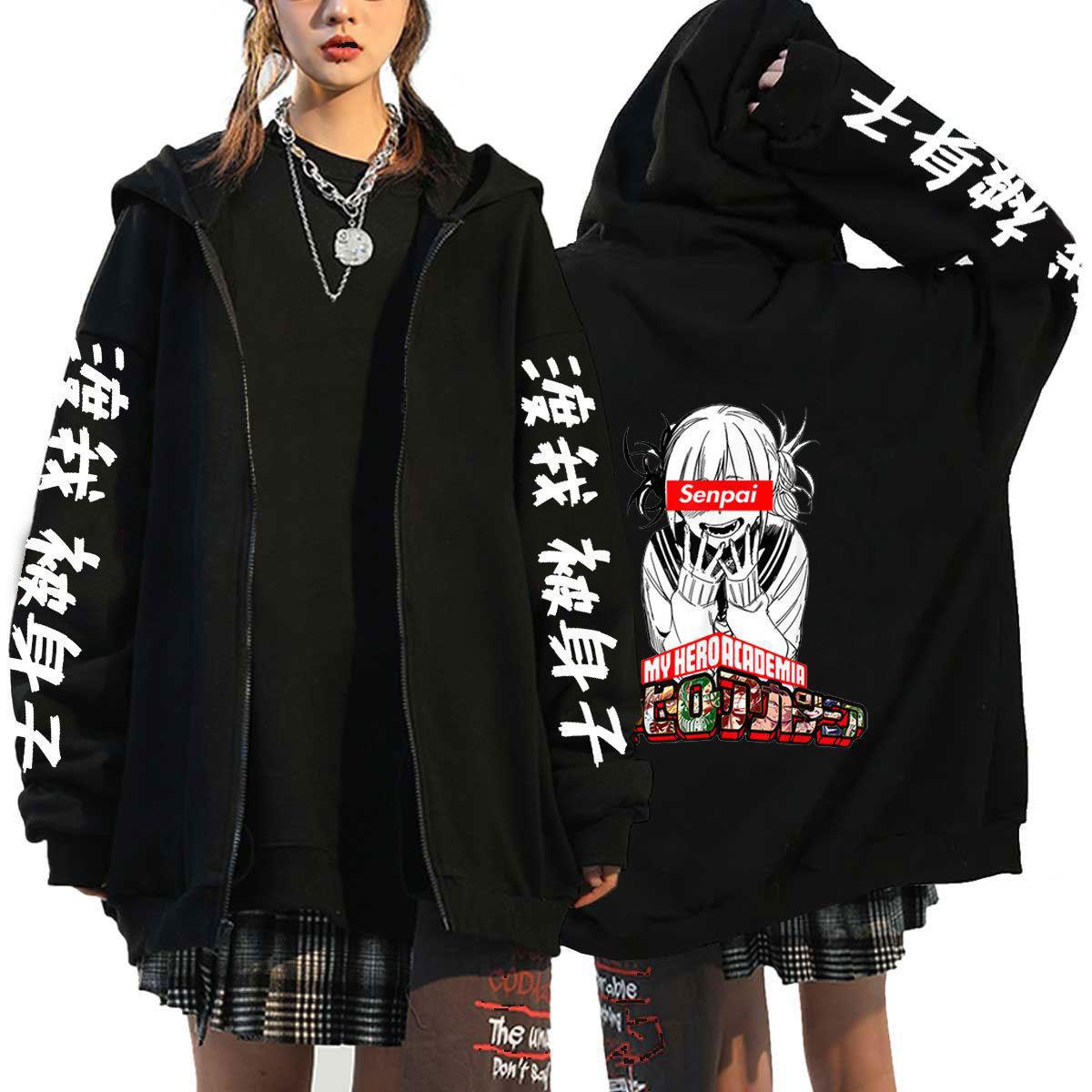 Unisex Anime Printed Zip Up Black Casual Hoodie