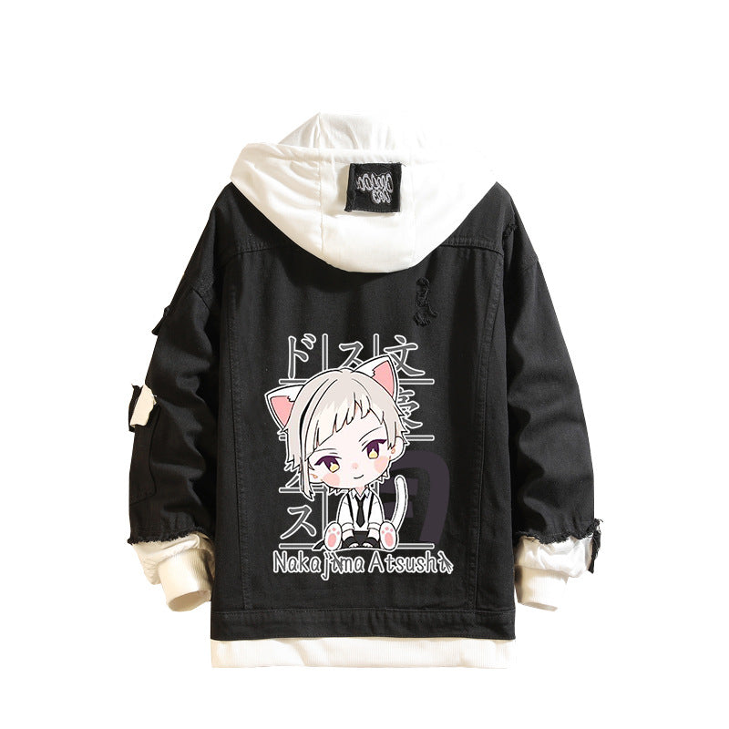 Casual Anime Print Hooded Denim Jacket
