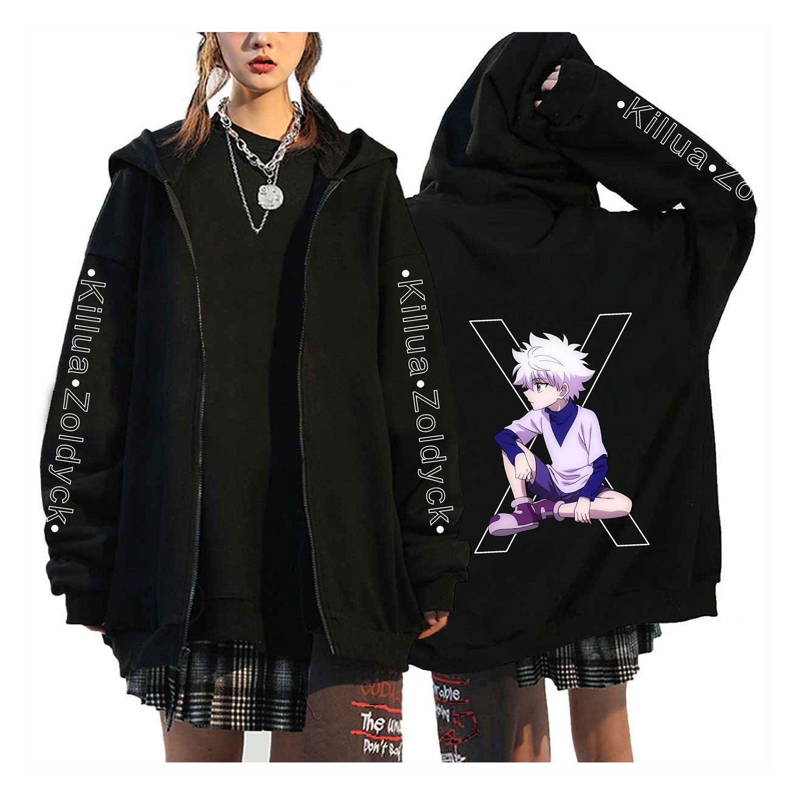 Unisex Anime Printed Black Zipper Hoodie