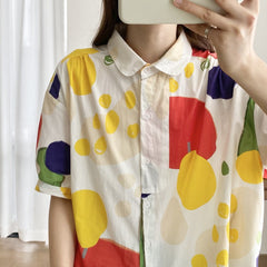 Japanese Mori Graffiti Color Print Loose Short Sleeve Shirt