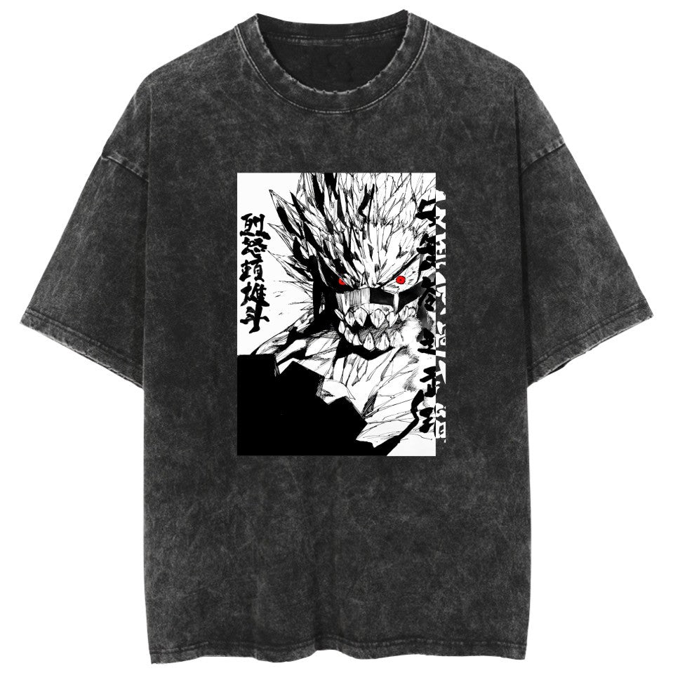 Trendy Anime Pattern Crew Neck Washed T-Shirt