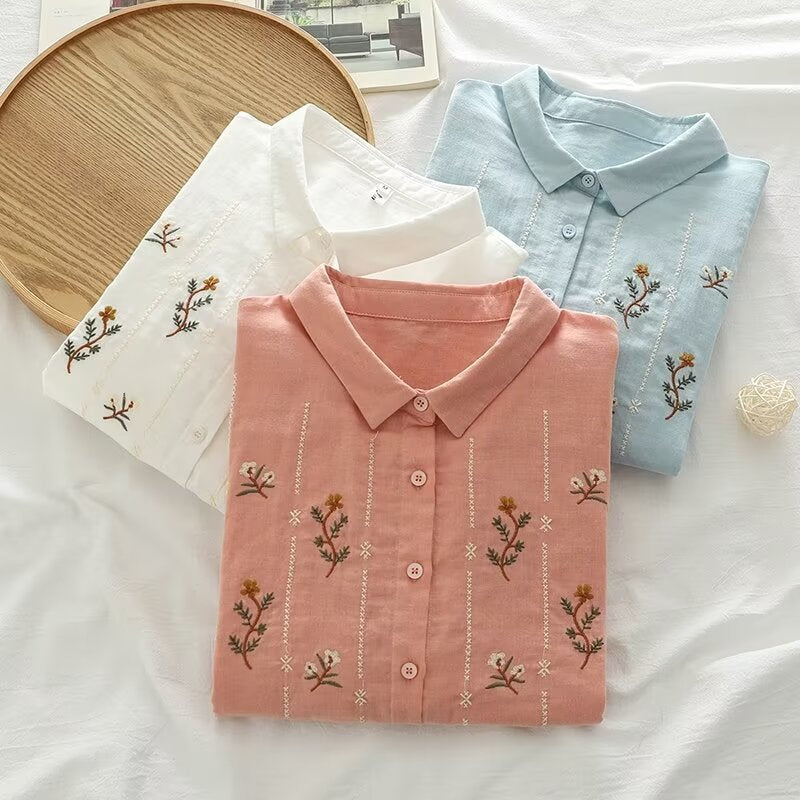 Flower Embroidery Medium-sleeved Women's Cardigan Shirt
