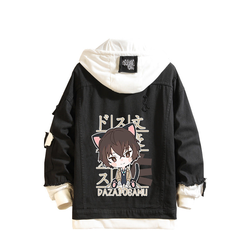 Casual Anime Print Hooded Denim Jacket