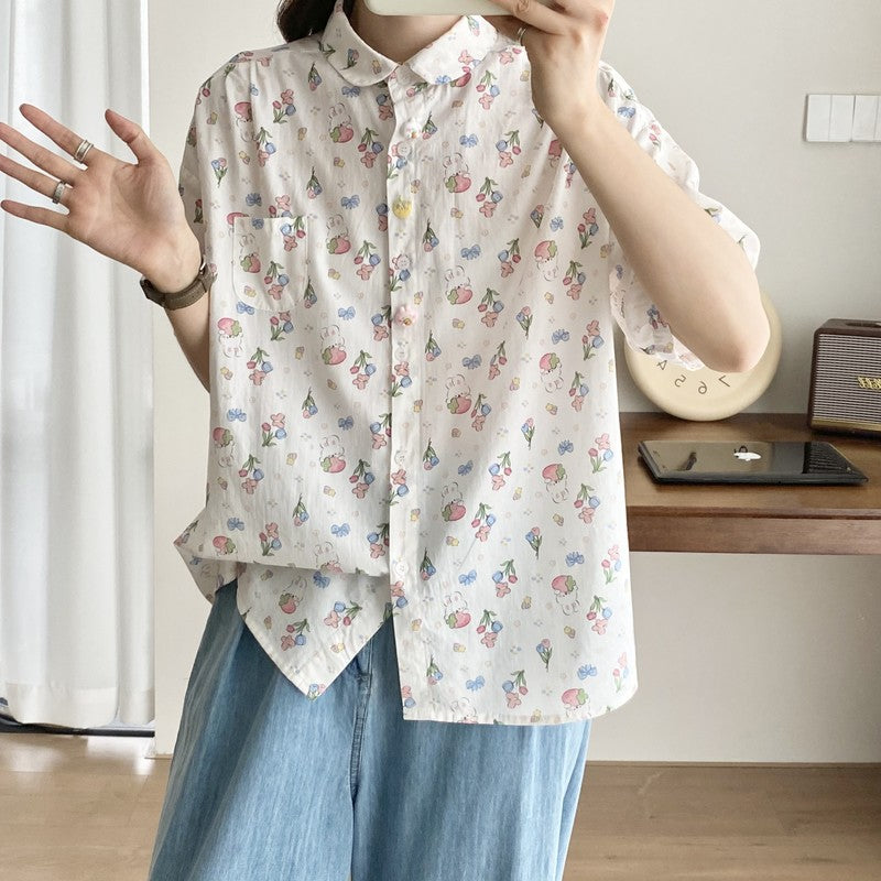 Cartoon Little Flower Rabbit Print Casual Short-sleeved Shirt