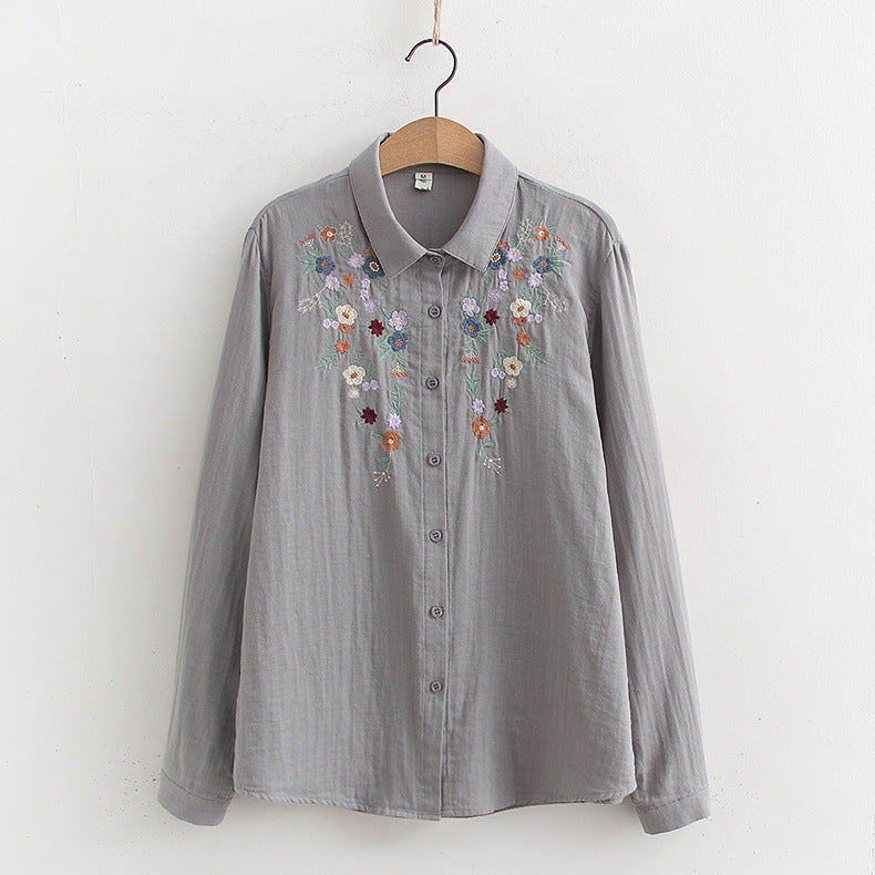 Japanese Style Double Layer Flower Embroidered Shirt