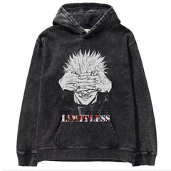 Unisex Anime Pattern Washed Black Hoodie