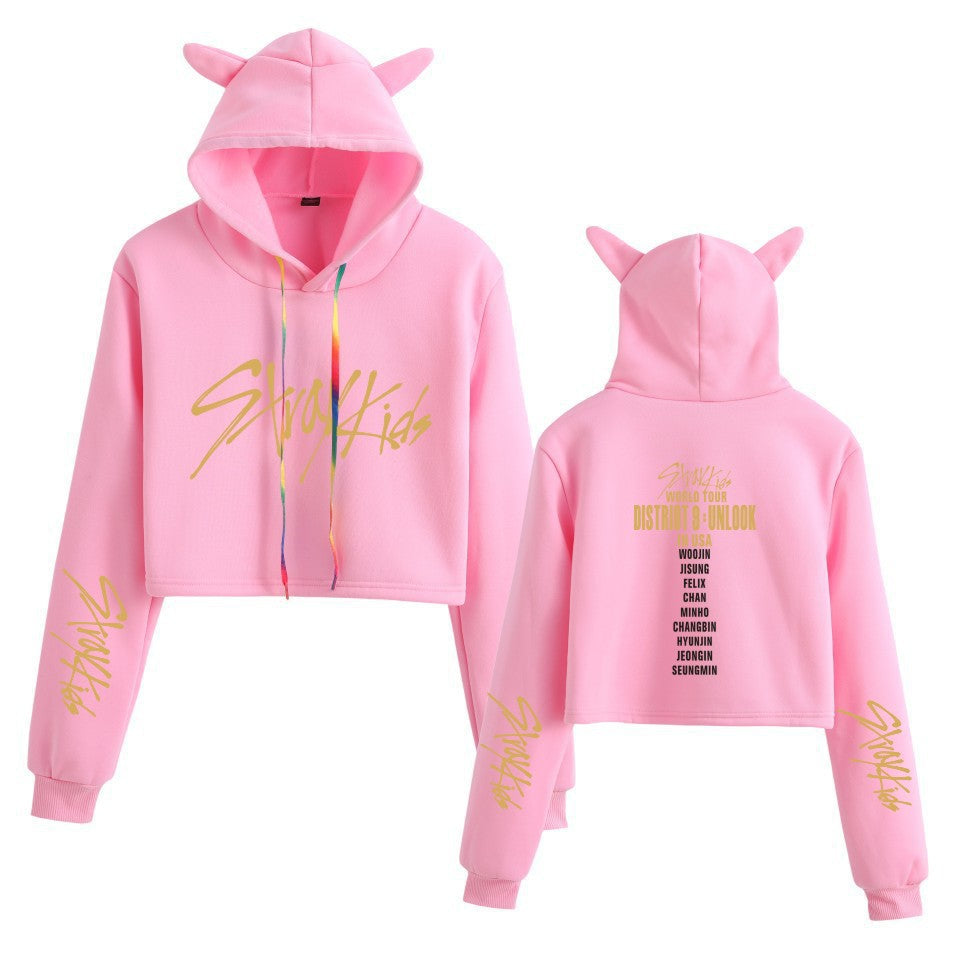 Cute Girls Kpop Cat Ears Cropped Hoodie