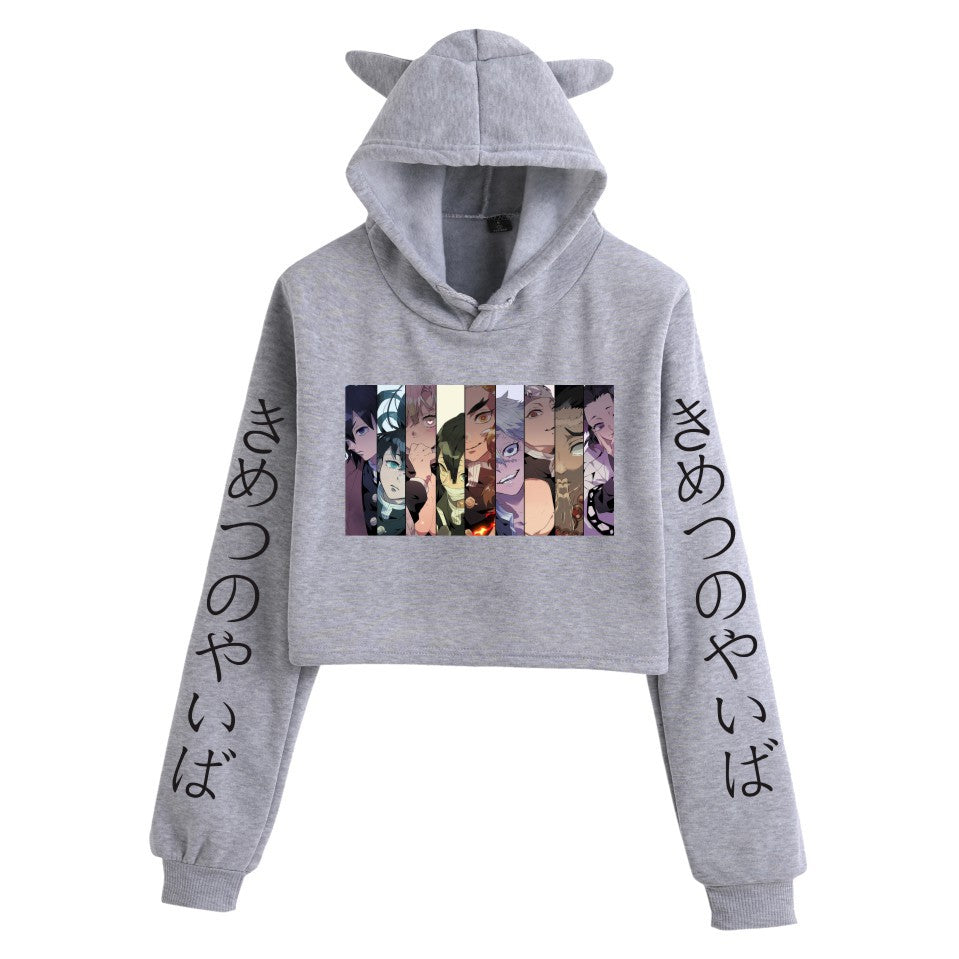 Girls Sexy Anime Print Cat Ears Cropped Hoodie