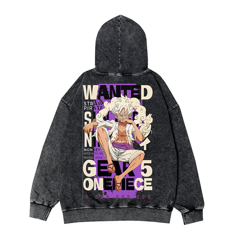 Retro Luffy Anime Zipper Washed Hooded Jacket