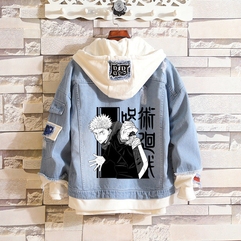 Unisex Anime Fake Two-piece Hooded Denim Jacket