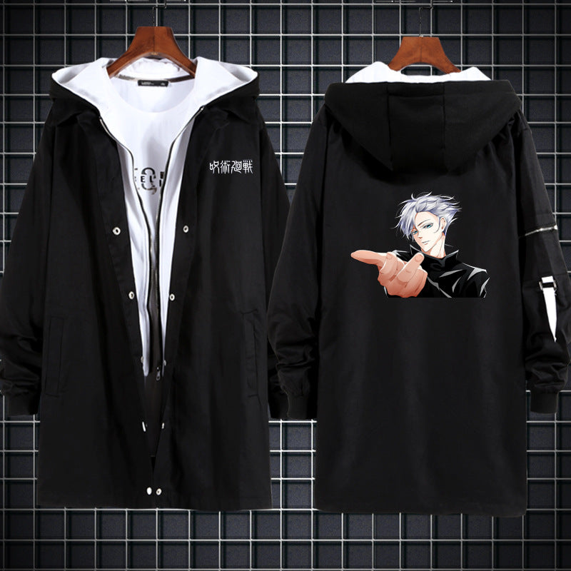 Unisex Anime Printed Hooded Long Trench Coat