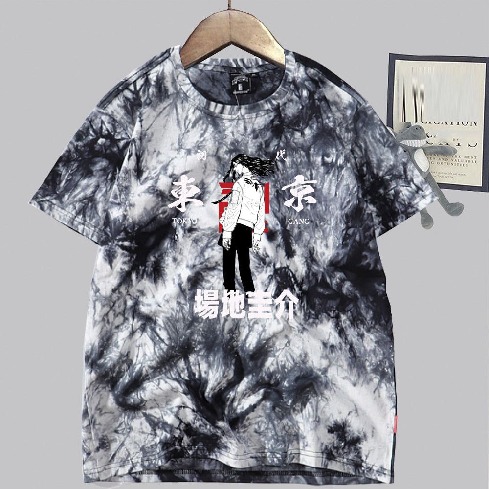 Unisex Casual Anime Tie-dye Loose Short-sleeved T-shirt