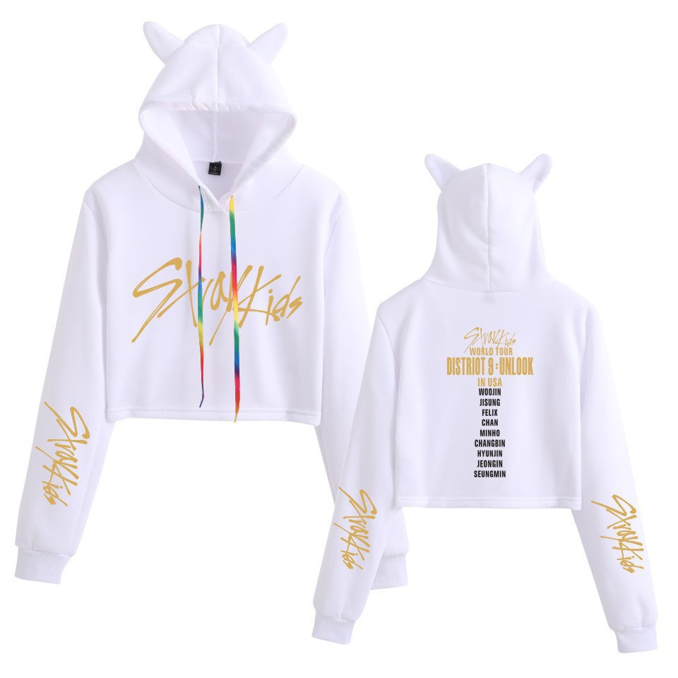 Cute Girls Kpop Cat Ears Cropped Hoodie