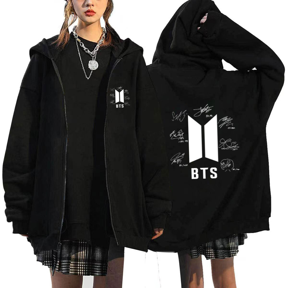 Kpop Graphic Print Hooded Zipper Cardigan