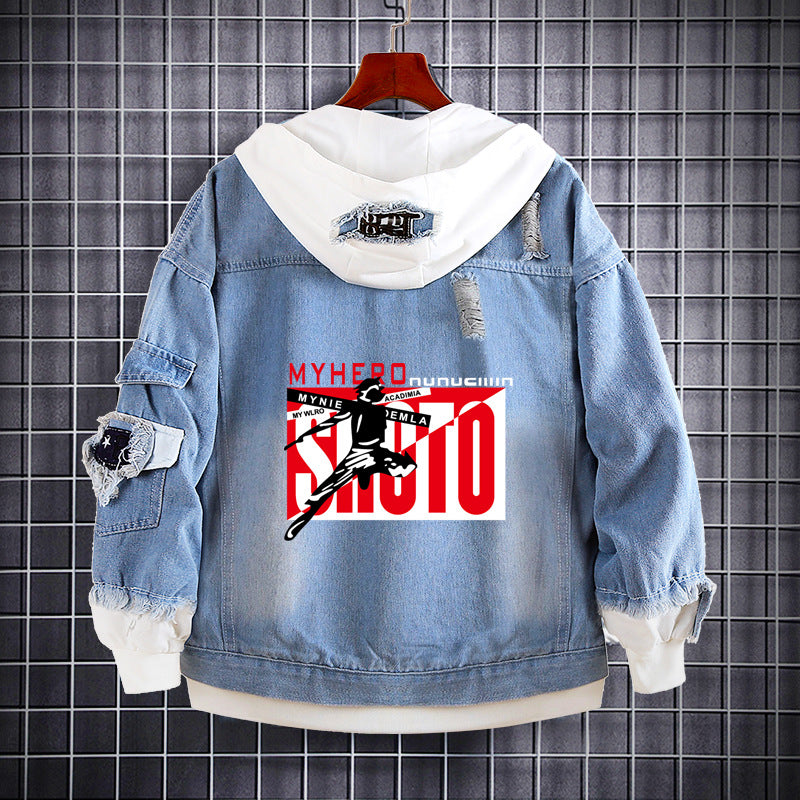 Unisex Anime Printed Hooded Denim Jacket