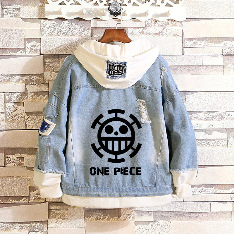 Unisex Luffy Print Casual Denim Hooded Jacket