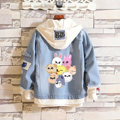 Versatile SKZ Pattern Hooded Loose Denim Jacket