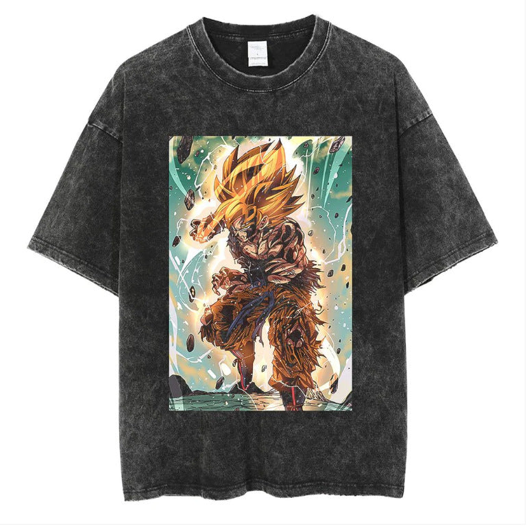 Vintage  Anime Washed Printed Short-sleeved T-shirt