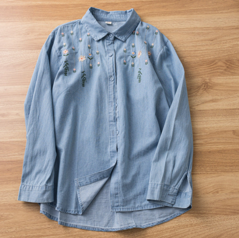 Women's Embroidery Washed Denim Long-sleeved Shirt