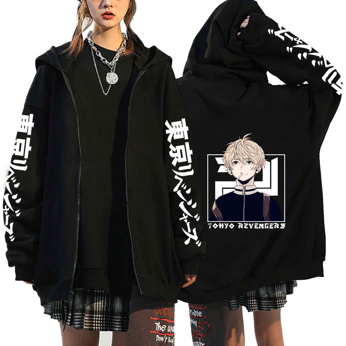 Unisex Casual Anime Print Zip Up Black Hoodie