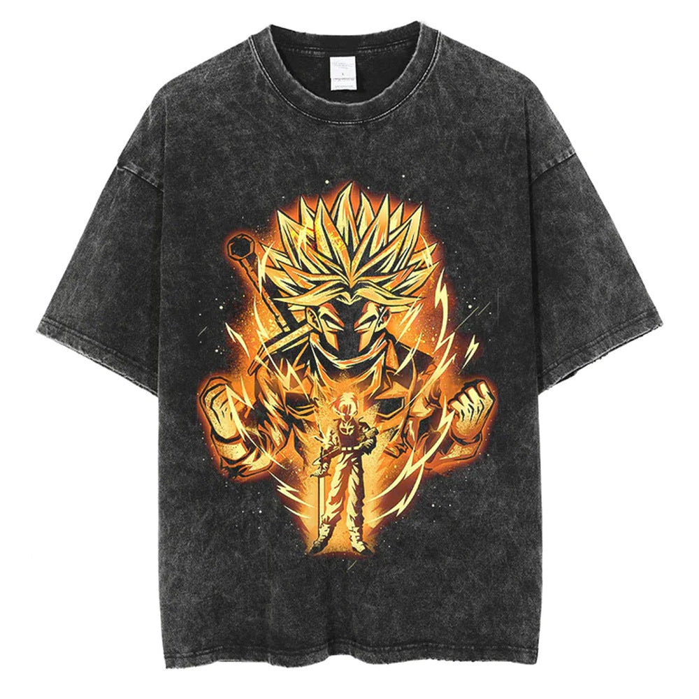 Vintage Washed Anime Print Casual T-shirt