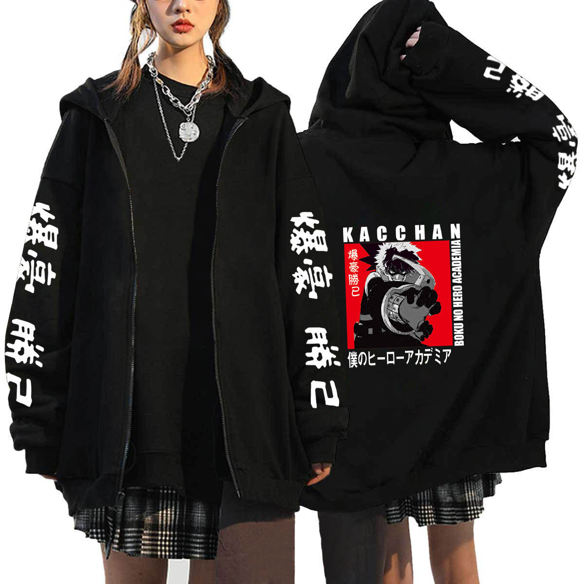 Unisex Anime Casual Black Zipper Hoodie