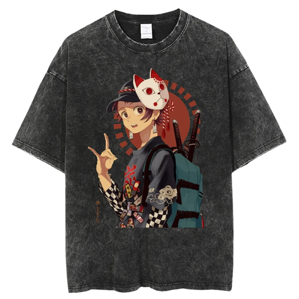 Retro Unisex Washed Anime Loose T-shirt