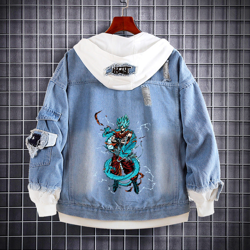 Unisex Trendy Anime Loose Fake Two Denim Jacket