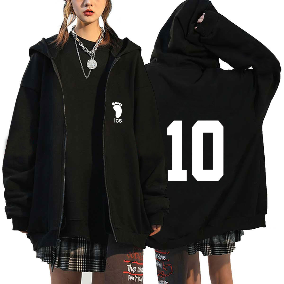 Unisex Anime Letter Print Zipper Black Hoodie