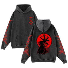 Men's Retro Anime Washed Black Loose Hoodie