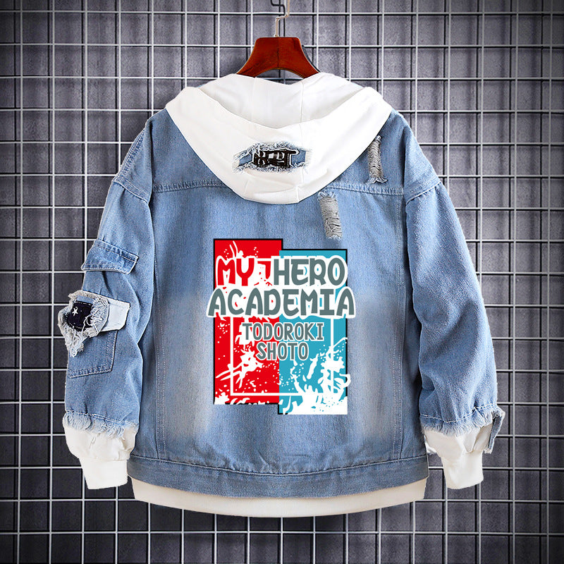 Unisex Anime Printed Hooded Denim Jacket