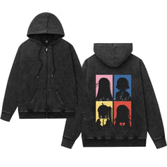 Vintage BOCCHI Print Washed Zipper Hoodie