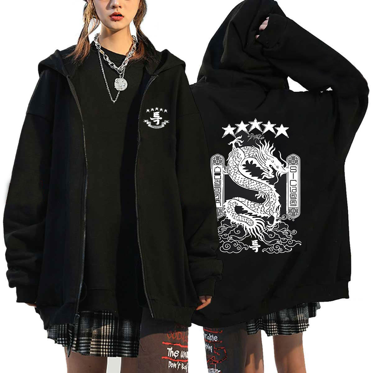 Kpop Graphic Print Hooded Zipper Cardigan