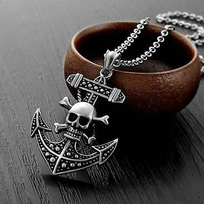 Retro Silver Skull Anchor Necklace