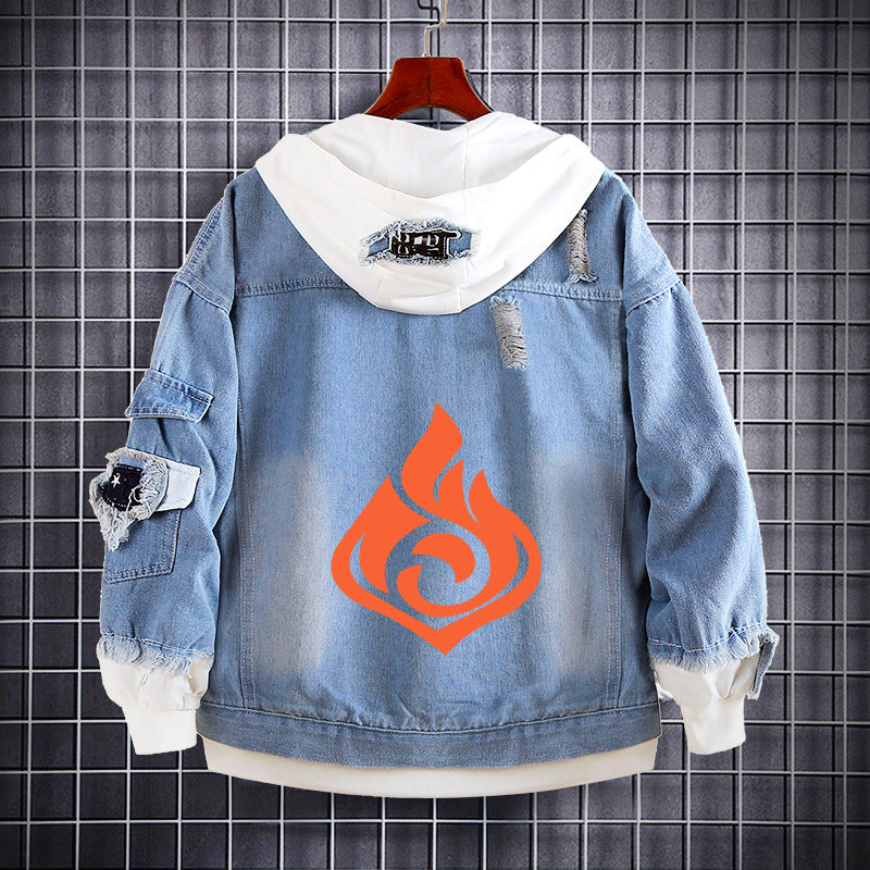 Unisex Game Logo Loose Hooded Denim Coat
