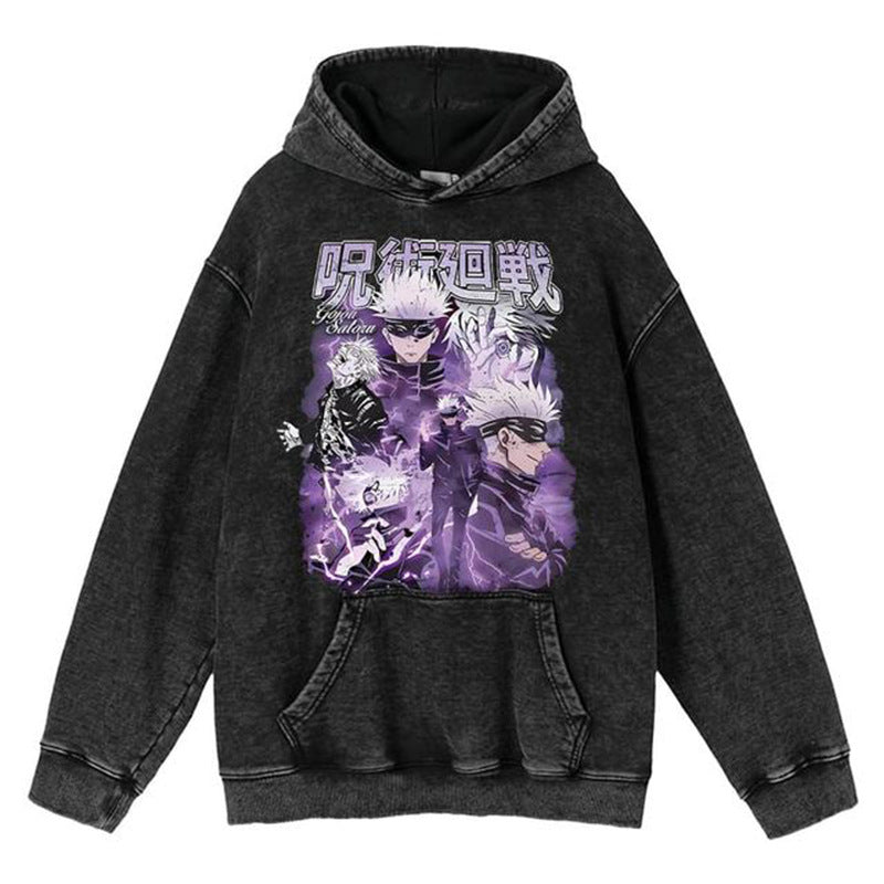 Unisex Vintage Washed Anime Printed Loose Hoodie