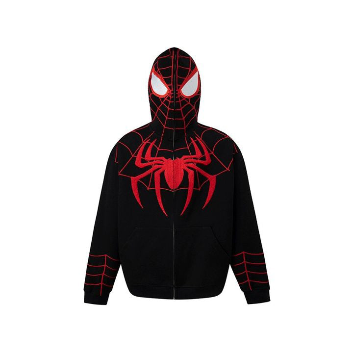 Unisex Gothic Dark Spider Print Zip Up Loose Hoodie