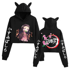 Girls' Anime Printed Cat Ear Crop Hoodie