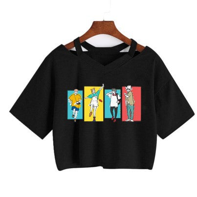 Trendy Women's V-Neck Anime Short Sleeve Crop Tee