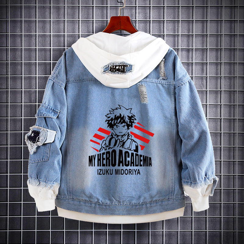 Unisex Anime Printed Hooded Denim Jacket