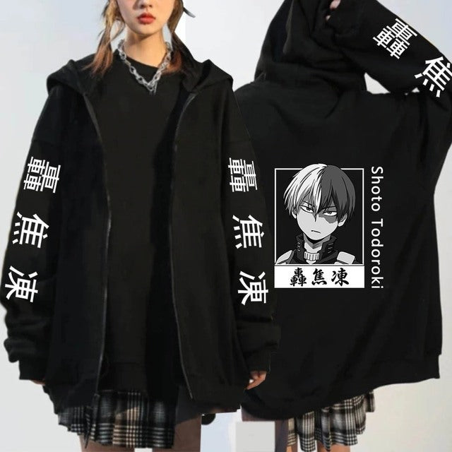 Unisex Anime Printed Black Zipper Loose Hoodie