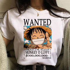 Casual Women's Wanted Luffy Printed White T-Shirt