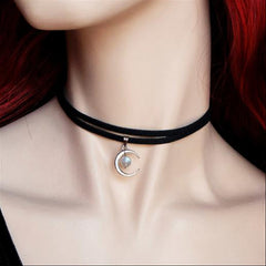 Gothic Witch Moon Stone Velvet Choker Necklace