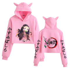 Girls' Anime Printed Cat Ear Crop Hoodie