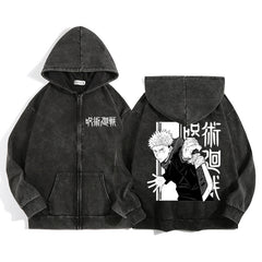 Unisex Anime Printed Washed Casual Zipper Hoodie