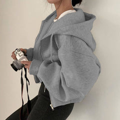 Versatile Slim Zipper Solid Color Crop Hoodie