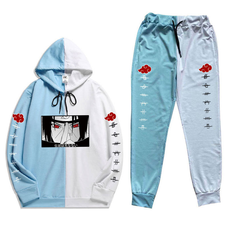 Men's Casual Anime Color Block Hoodie Pants Set