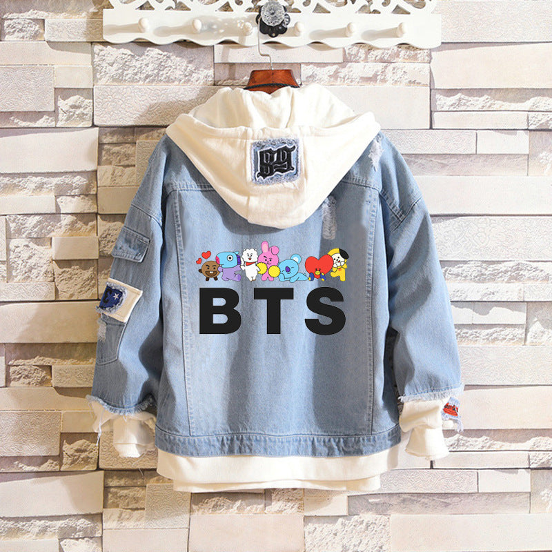 Casual BTS Fake Two Hooded Denim Jacket